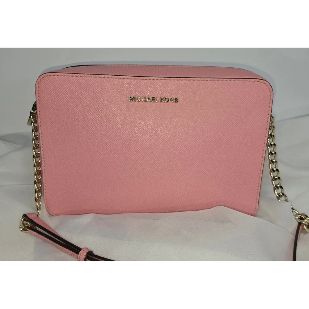 Michael Kors Jet Set Large East West Crossbody Bag Pink Saffiano Leather Gold HW